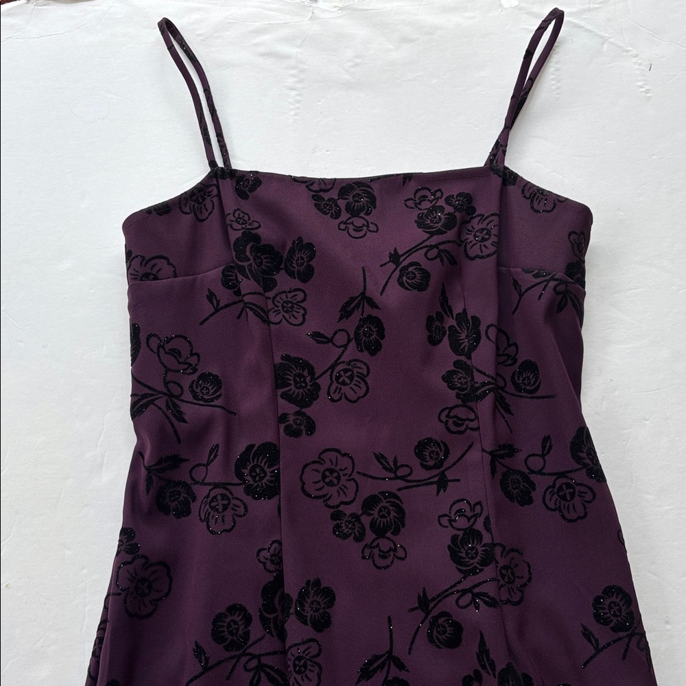 Vintage y2K 90’s Mini Dress Goth Purple Black Grunge Rose Slip NYE Velvet 6 Cute - Picture 6 of 17